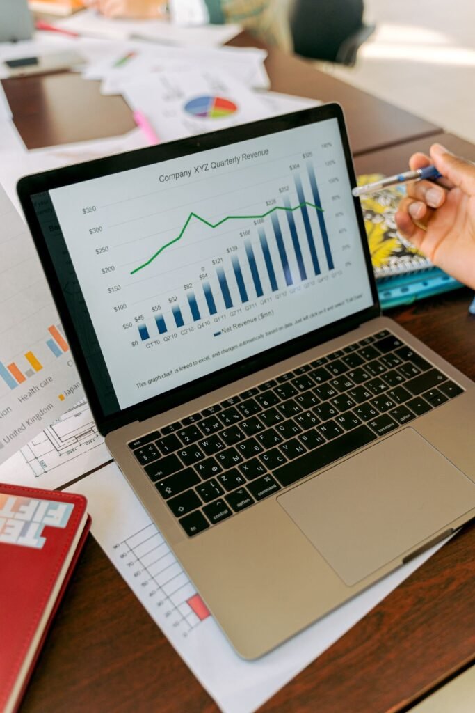 Business analytics displayed on a laptop